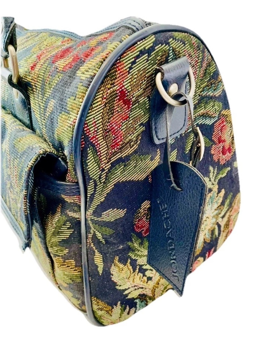 JORDACHE Black Floral Tapestry Luggage Satchel Bag Weekender - Picture 2 of 14